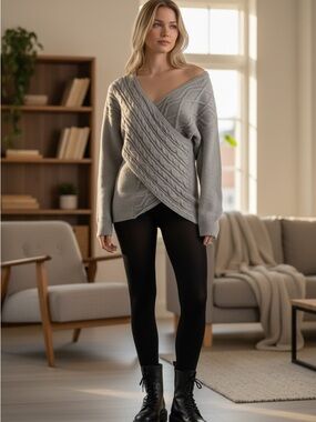 SHEIN Cozy Cable Wrap Pullover Sweater - Gray
